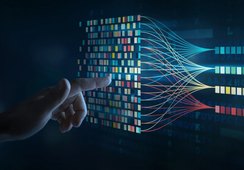 Finger pointing at data flow visualisation, representing machine learning or AI algorithm processing structured information.