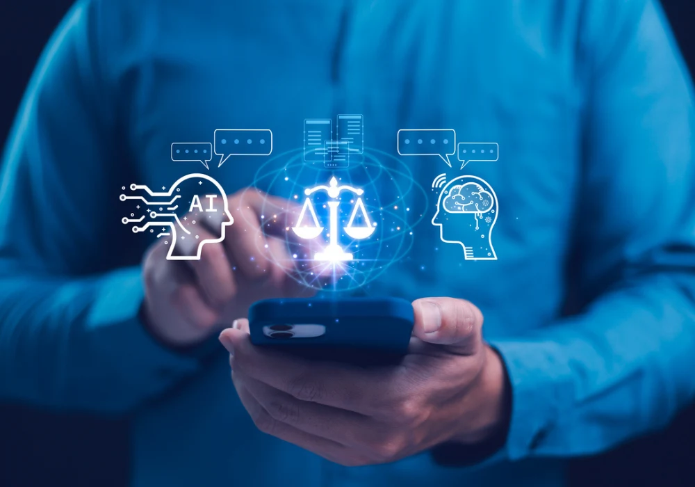 Digital concept of AI ethics and legal balance with human interaction via mobile technology&nbsp;