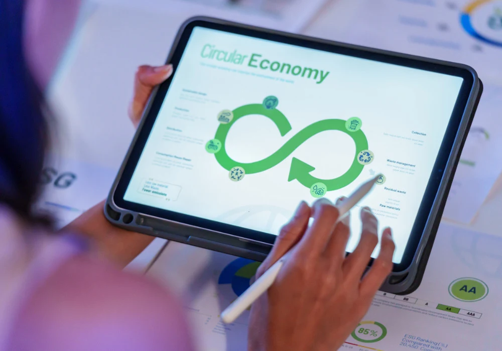 Person studying circular economy model on digital tablet for sustainable development strategy&nbsp;