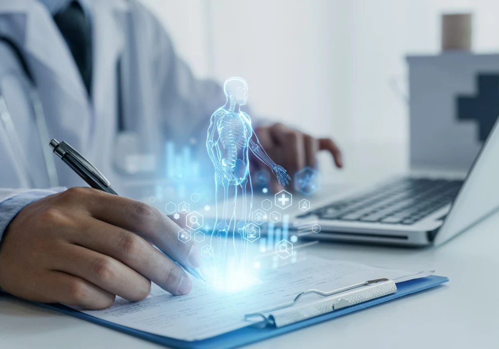 Doctor using digital health technology and holographic patient data for modern medical analysis