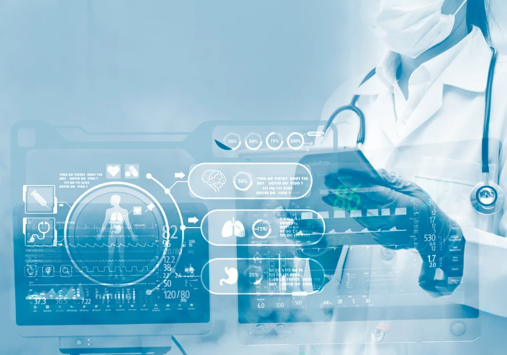 Doctor using futuristic digital interface to analyse patient health data and vital signs.&nbsp;