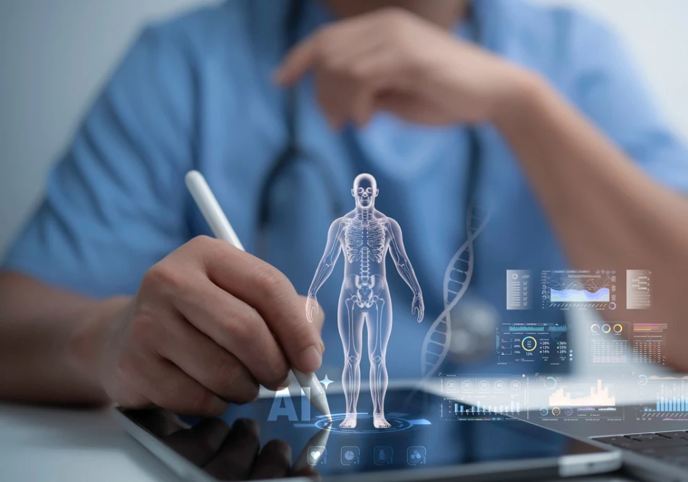 Doctor using AI technology for human anatomy analysis on digital tablet.&nbsp;
