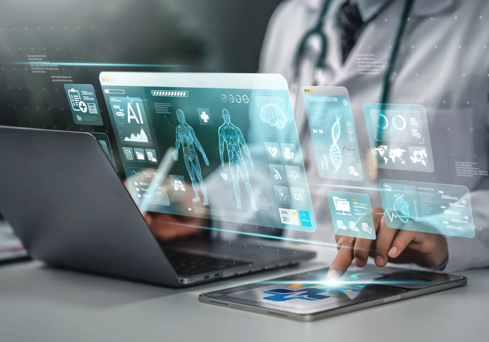 Doctor using AI-powered digital health interface with holographic medical data and diagnostics&nbsp;