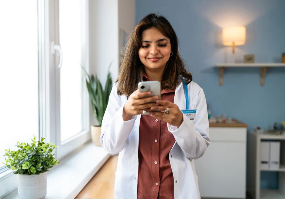 Smiling female doctor using smartphone for digital health communication or telemedicine service&nbsp;