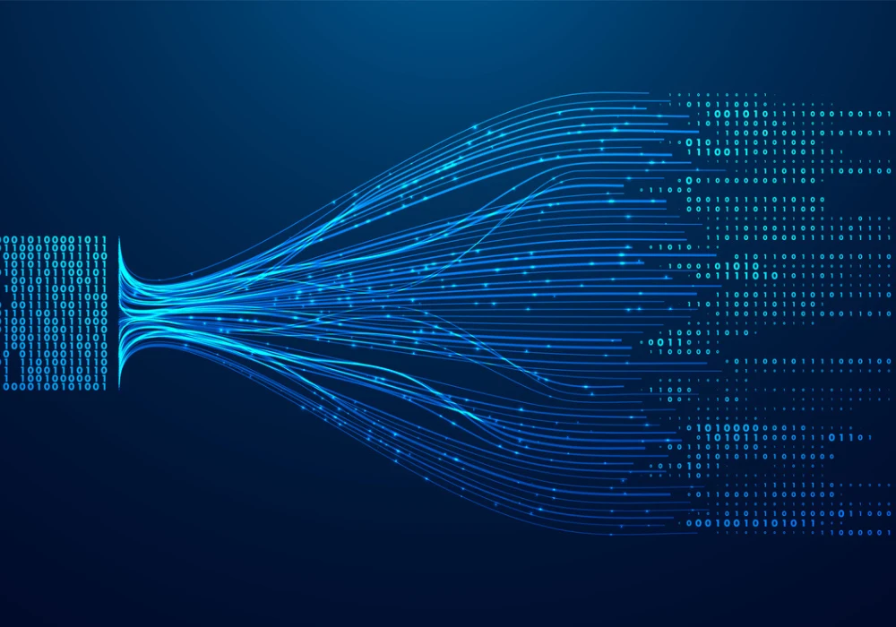 Abstract digital illustration of data bottleneck showing binary flow compression and processing.&nbsp;