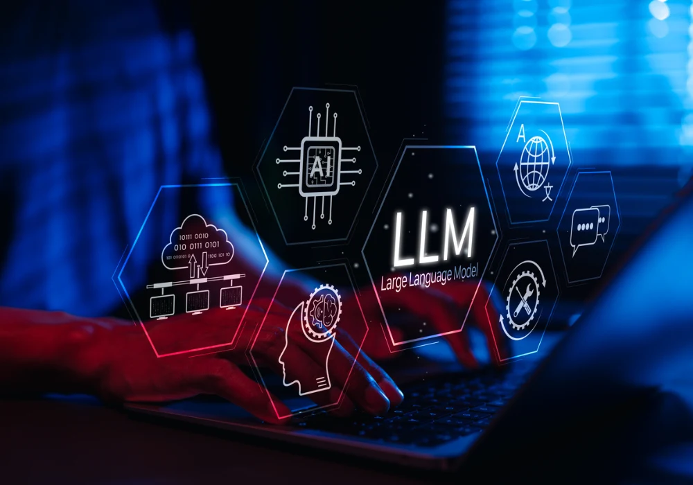 Concept of Large Language Model (LLM) with AI and machine learning icons over person typing on laptop&nbsp;