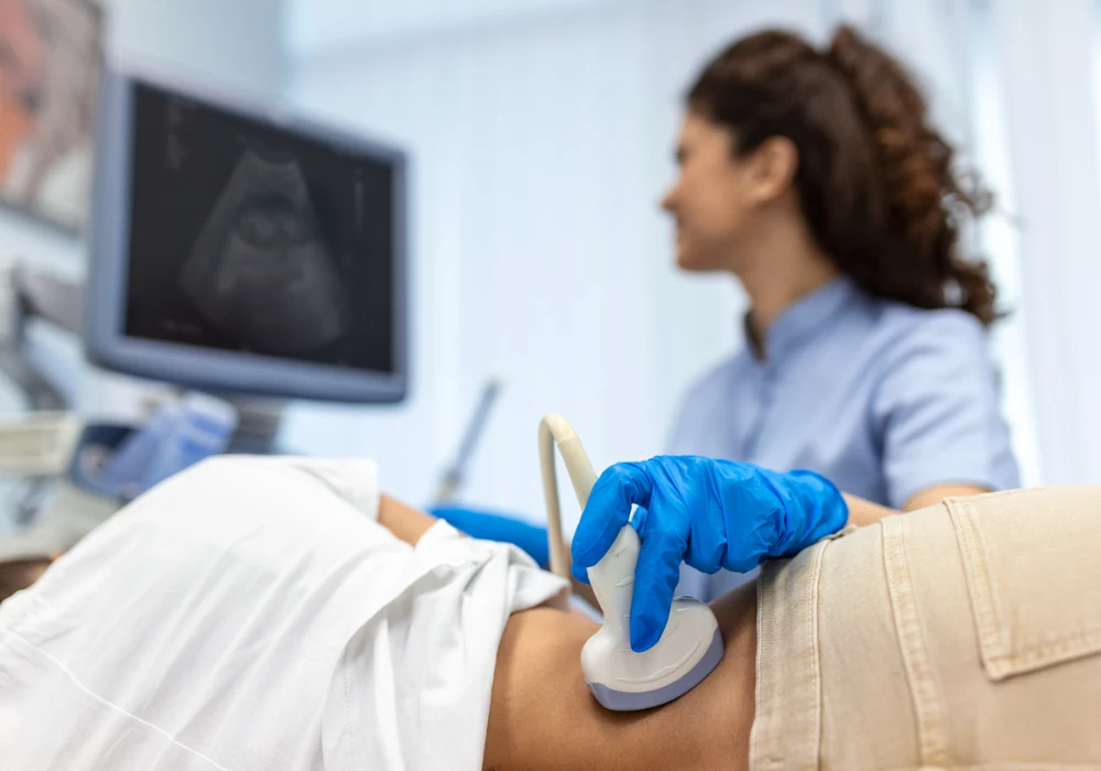 A healthcare professional performs an abdominal ultrasound, with the scan visible on the monitor.&nbsp;