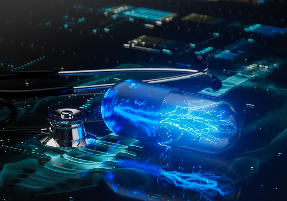 Digital healthcare innovation concept with a glowing smart capsule, stethoscope and circuit board, symbolising AI-driven pharmaceutical technology.&nbsp;
