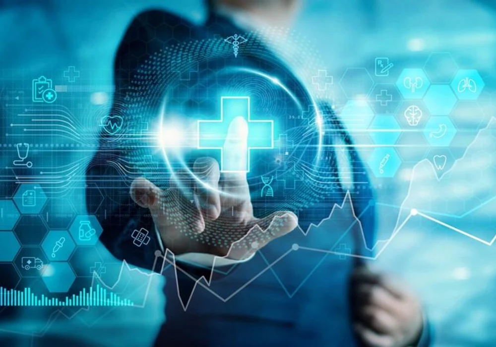 Digital health innovation: medical cross with data icons and rising graph