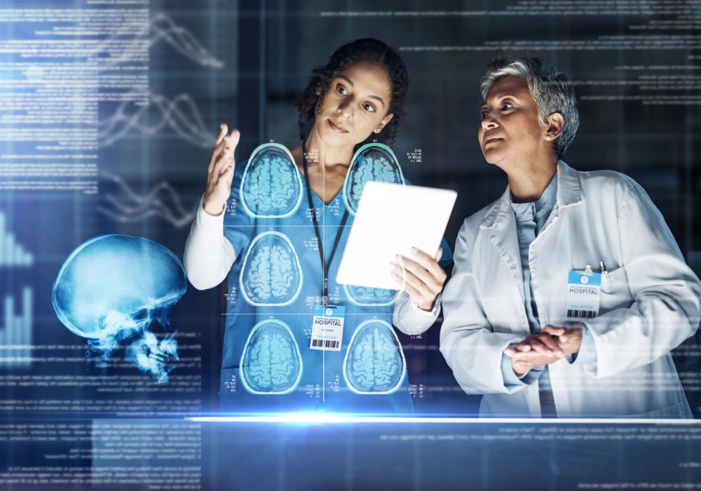 Doctors analysing digital brain scans with AI-powered medical technology for advanced diagnostics.