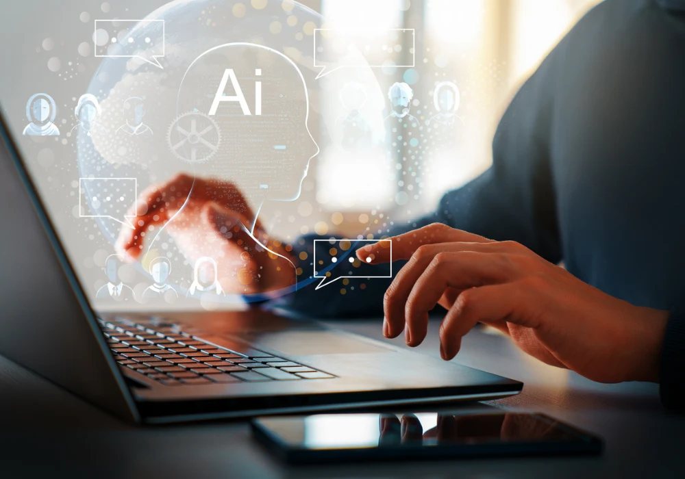 Healthcare AI concept on laptop with human profile and chat icons, symbolising model evaluation and robustness testing.&nbsp;