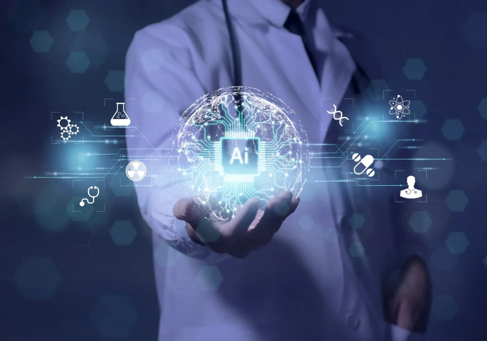 Doctor using hospital AI for predictive analytics, EHR integration, scheduling and billing with clinical decision support icons.&nbsp;