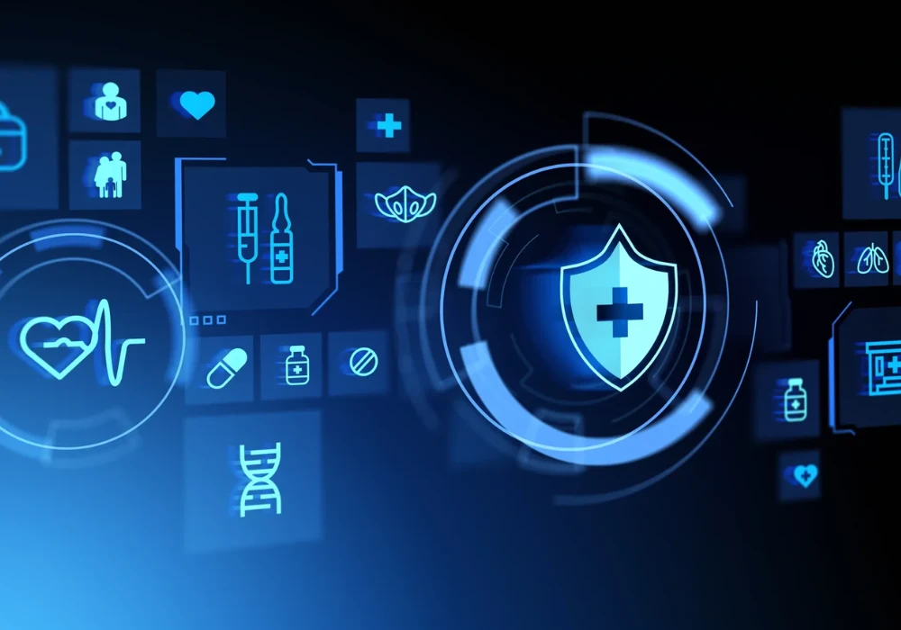 Healthcare cybersecurity concept with digital shield and medical icons, illustrating hospital IT asset inventory, device tracking and data protection.&nbsp;