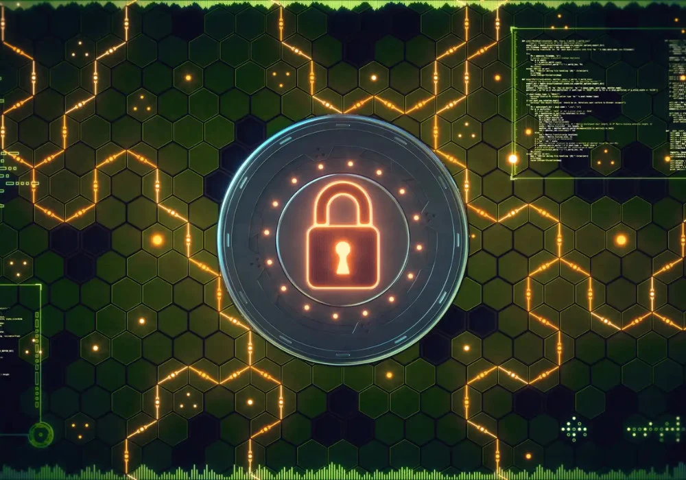 Healthcare cybersecurity concept with digital padlock and honeycomb pattern, illustrating AI-powered honeypots, network defence and patient data protection.&nbsp;