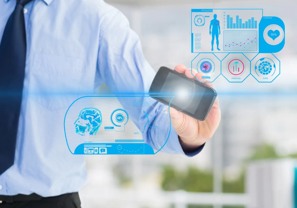 Healthcare professional viewing AI virtual assistant dashboard with health analytics on a smartphone.&nbsp;