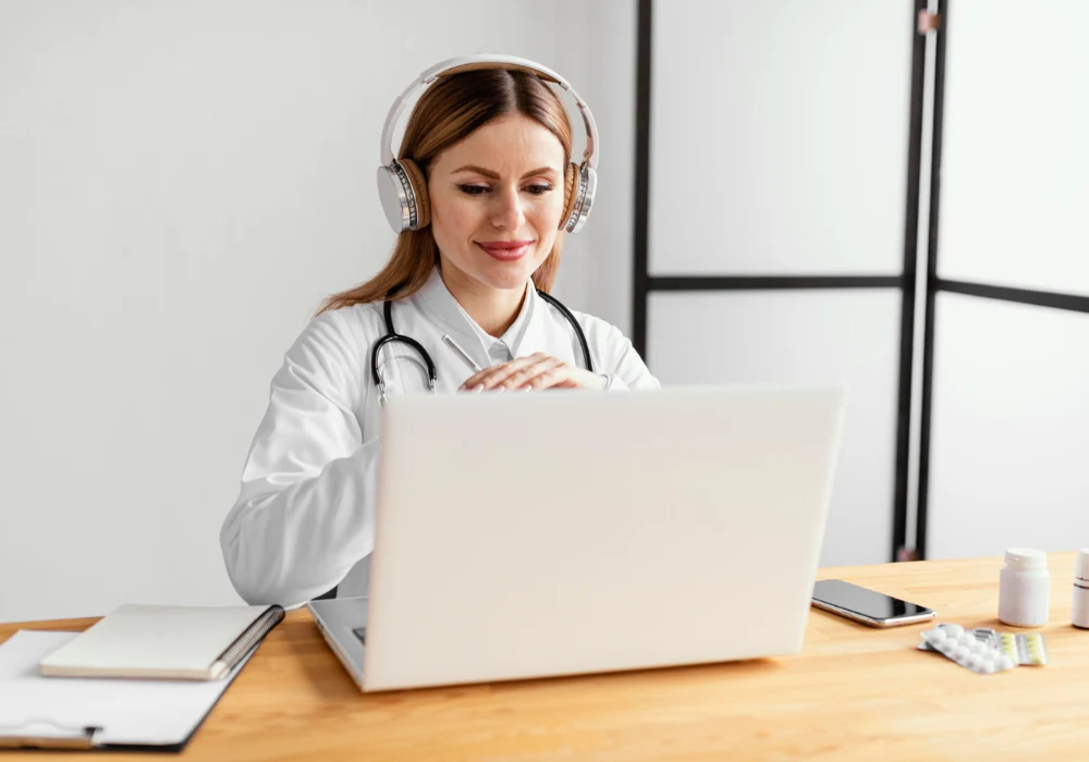 Clinician using laptop and headphones for health IT e-learning in clinic.