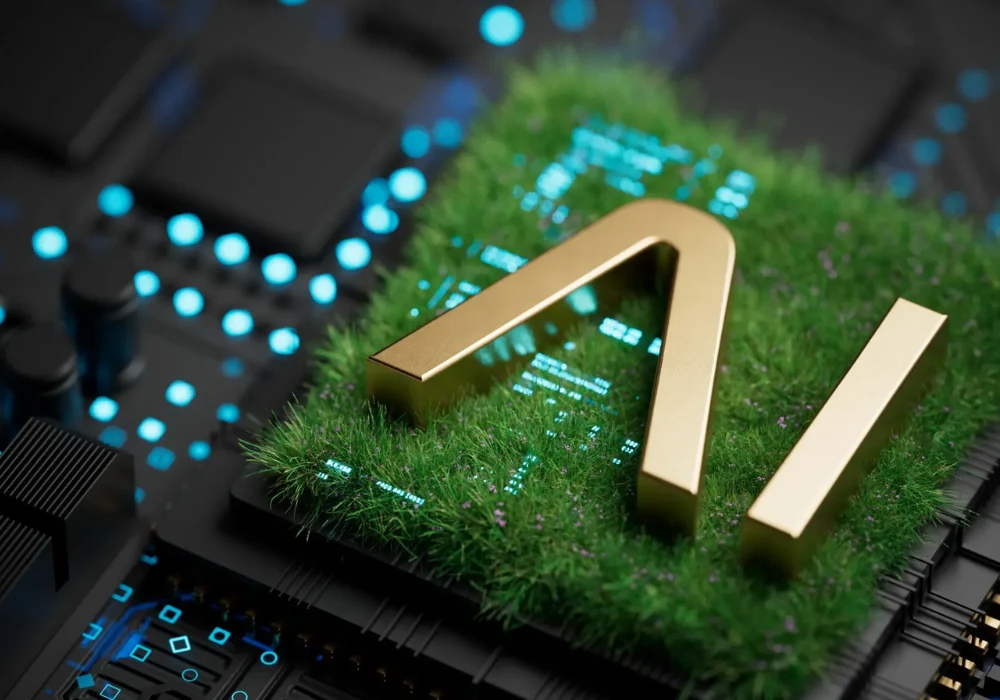 AI letters on a grass-covered microchip symbolising sustainable artificial intelligence technology.&nbsp;
