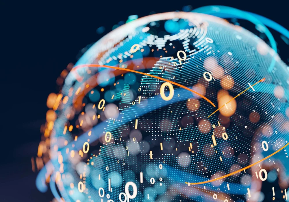 Abstract digital globe made of binary code and data streams&nbsp;symbolising&nbsp;global connectivity and information exchange.&nbsp;