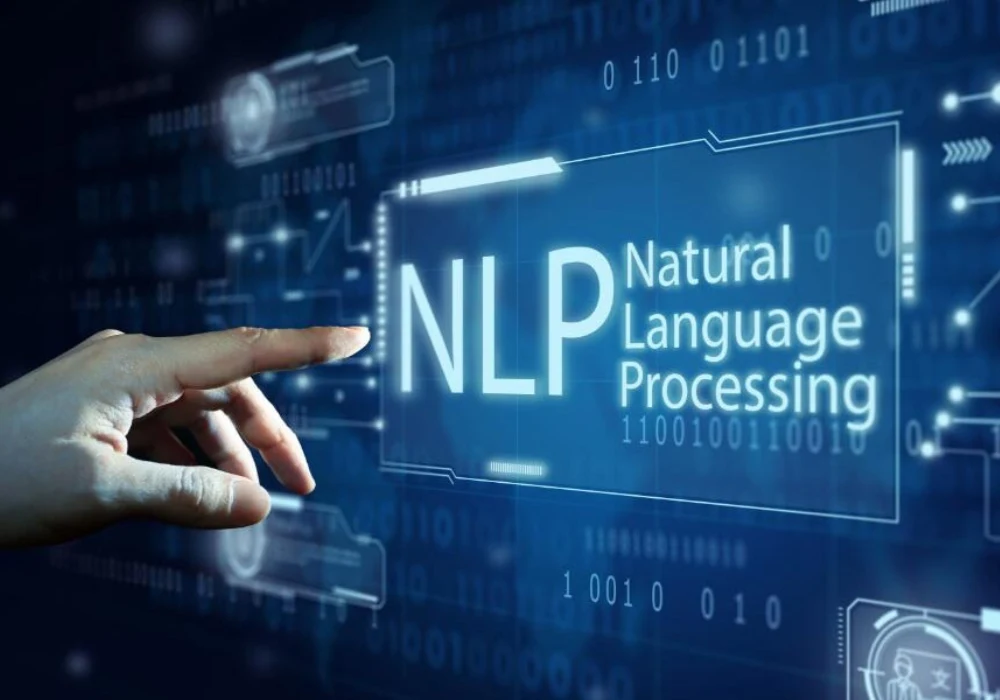 Hand interacting with a digital interface displaying &ldquo;Natural Language Processing,&rdquo;&nbsp;symbolising&nbsp;AI-driven language technology.&nbsp;