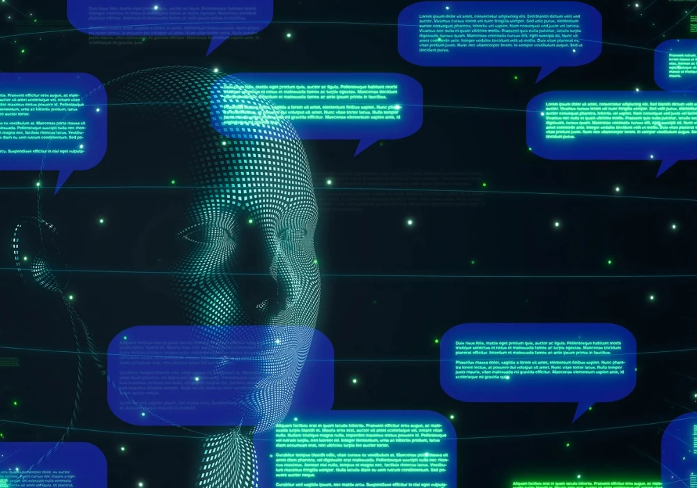 Digital illustration of an AI face surrounded by chat bubbles,&nbsp;representing&nbsp;artificial intelligence and natural language communication.&nbsp;