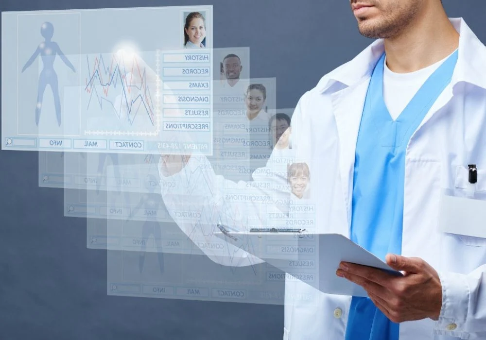 Doctor using a futuristic digital interface with holographic medical records, symbolising electronic health data management and healthcare innovation.&nbsp;