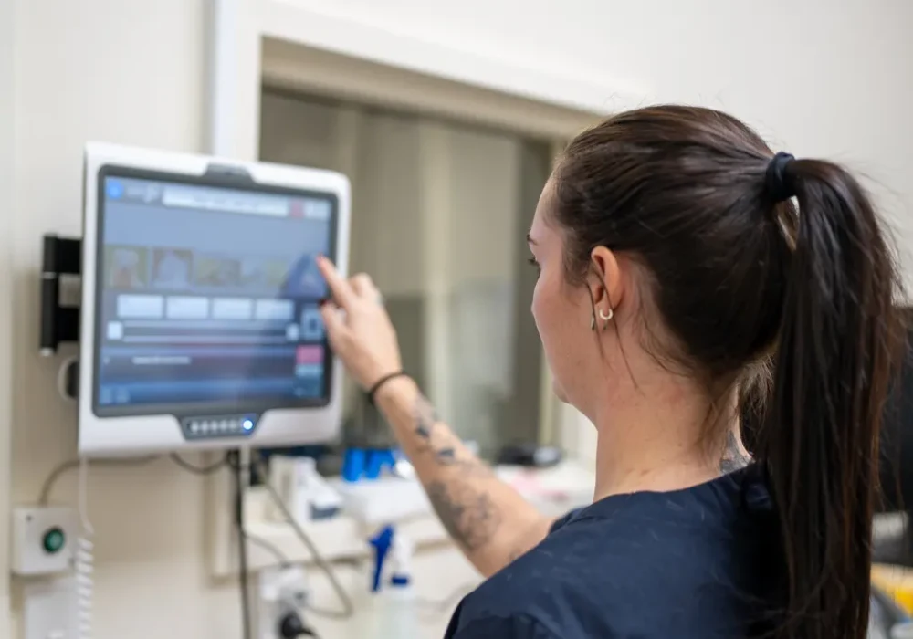 Healthcare professional accessing or updating patient data on a digital touchscreen system in a clinical environment.&nbsp;