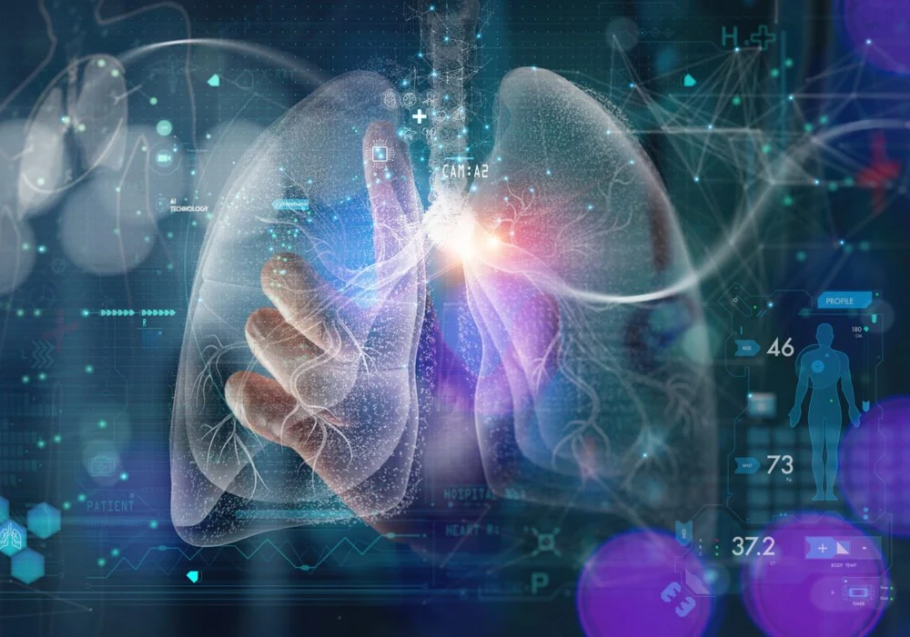 Digital&nbsp;visualisation&nbsp;of human lungs with data overlays, representing AI-assisted medical diagnostics and respiratory health analysis.&nbsp;