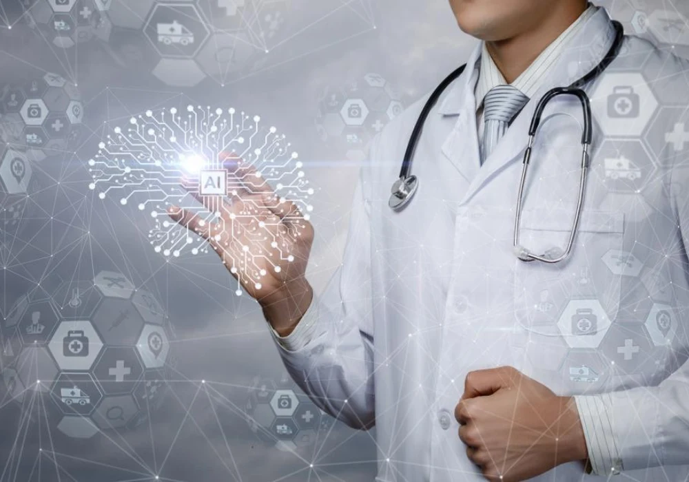 Doctor in a white coat interacting with a digital interface representing artificial intelligence integration in healthcare.