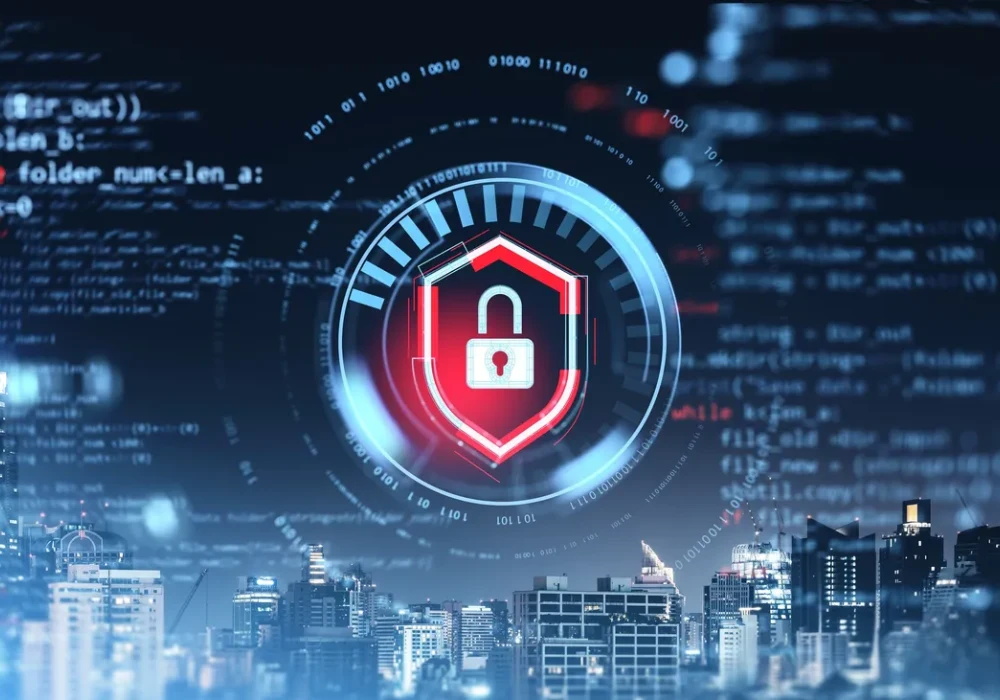Digital illustration of a cybersecurity concept showing a red padlock over a cityscape,&nbsp;symbolising&nbsp;data protection and network security in urban digital infrastructure.&nbsp;