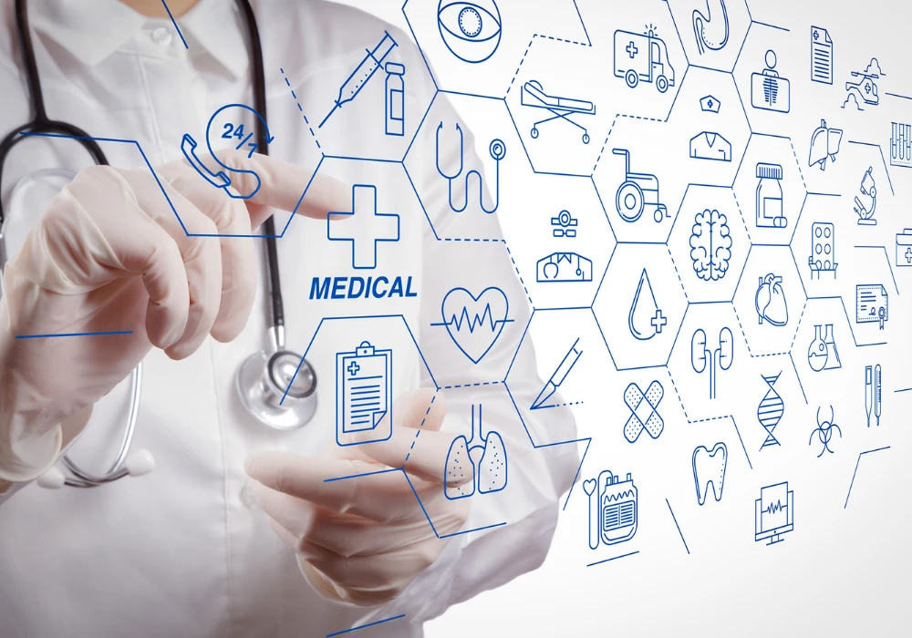 A clinician interacts with a futuristic digital interface displaying medical icons, connected data nodes and diagnostic symbols,&nbsp;representing&nbsp;advanced healthcare technology and digital patient care systems.&nbsp;