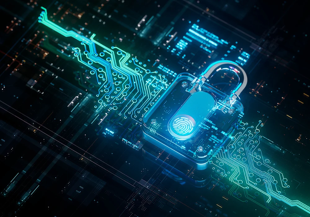 Digital padlock with fingerprint on circuit board,&nbsp;representing&nbsp;data security.&nbsp;