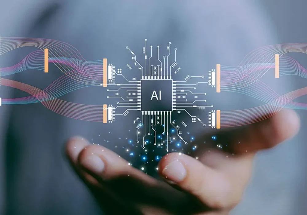 Abstract AI&nbsp;neural-network&nbsp;data flow hovering above a hand,&nbsp;centred&nbsp;on an &ldquo;AI&rdquo; chip.&nbsp;