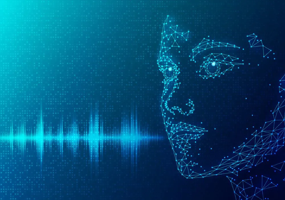 AI voice recognition technology concept with digital human face and sound wave interface&nbsp;
