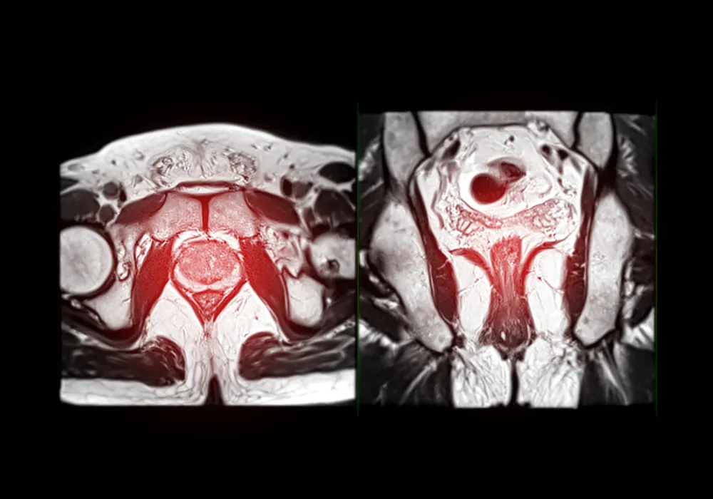 Pelvic MRI scan highlighting the prostate gland for medical diagnosis and evaluation