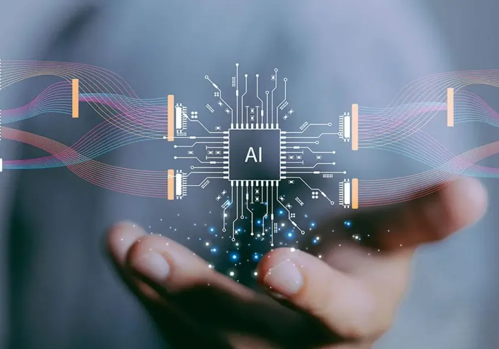Abstract AI&nbsp;neural-network&nbsp;data flow hovering above a hand,&nbsp;centred&nbsp;on an &ldquo;AI&rdquo; chip.&nbsp;