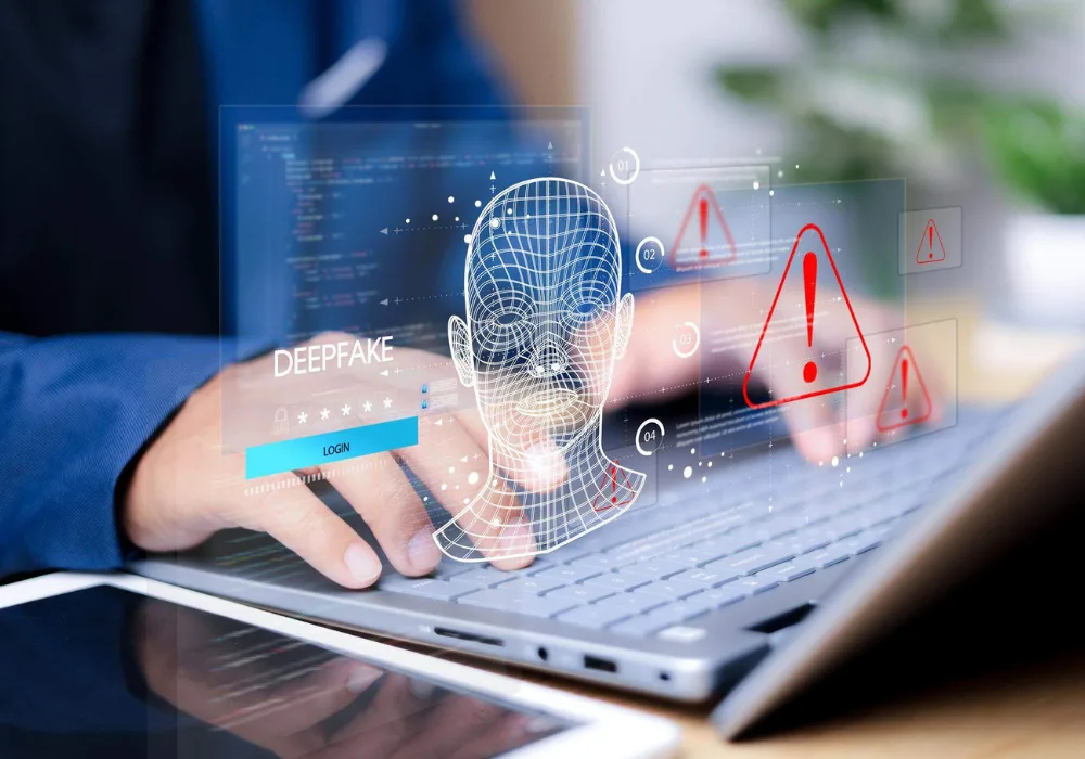 An AI security interface flags a potential deepfake during biometric login.&nbsp;