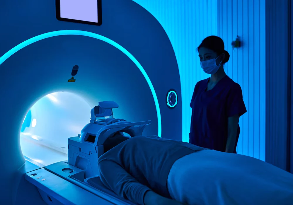 Modern MRI machine with a patient undergoing diagnostic imaging in radiology.&nbsp;