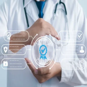 Doctor presenting a holographic icon of a certification badge surrounded by digital health symbols, representing quality assurance and healthcare standards.&nbsp;