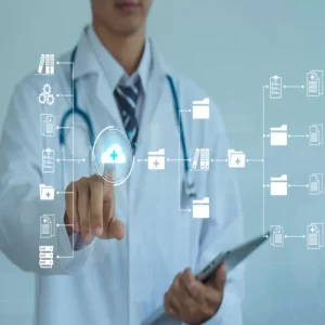 Doctor touches a cloud-health icon with workflow and file graphics, illustrating cloud EHR interoperability.&nbsp;
