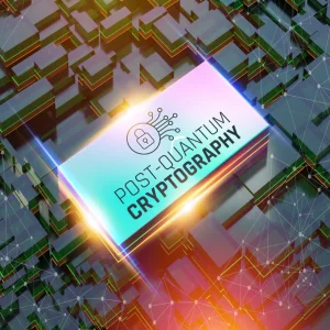 Post-quantum cryptography concept on a glowing processor amid network nodes.