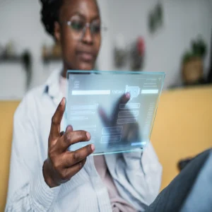 Futuristic transparent tablet showing a chatbot interface&nbsp;