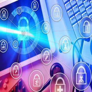 Digital lock symbolising healthcare data security, with icons for medical records,&nbsp;privacy&nbsp;and healthcare information systems.&nbsp;