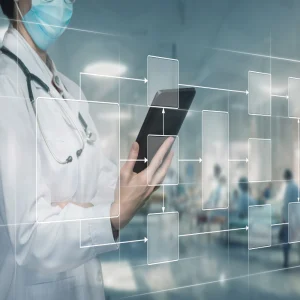 Healthcare workflow automation: doctor with tablet and flowchart interface.exe