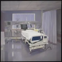 Painting showing an ICU bed