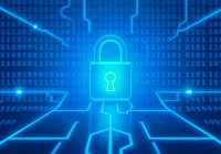 Digital security concept with blue circuitry and lock over binary code background.