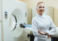 Confident Radiologist in MRI Room &ndash; Female Doctor Standing with Arms Crossed