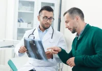 Doctor discussing X-ray results with patient during medical consultation&nbsp;