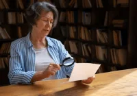 Elderly woman reading with a magnifying glass in a library&nbsp;