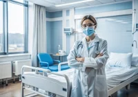 Female doctor with mask standing confidently in hospital room&nbsp;