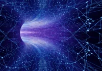 Abstract data flow tunnel with interconnected nodes representing quantum computing or big data transmission&nbsp;